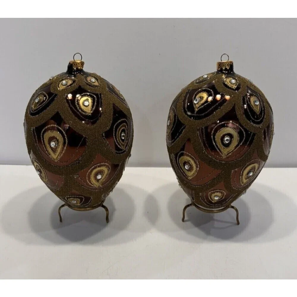 Vintage Hand Blown & Painted Glass Egg Christmas Ornament Diamond Glitter Set 2